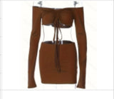 Drawstring Drop Ruched Off Shoulder Two-piece Skirt Set Y2K Long Sleeve Top & Bodycon Skirt Outfits Women's Clothing