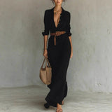 Irregular Long Shirt Dress with Belt – Elegant Button Lapel Long Sleeve Dress | Office & Daily Commuting Women’s Fashion