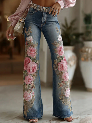 Women’s Retro Printed Faux Denim Jeans – High-Waist Stretch Fashion Pants