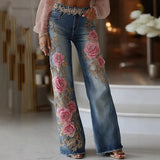 Women’s Retro Printed Faux Denim Jeans – High-Waist Stretch Fashion Pants