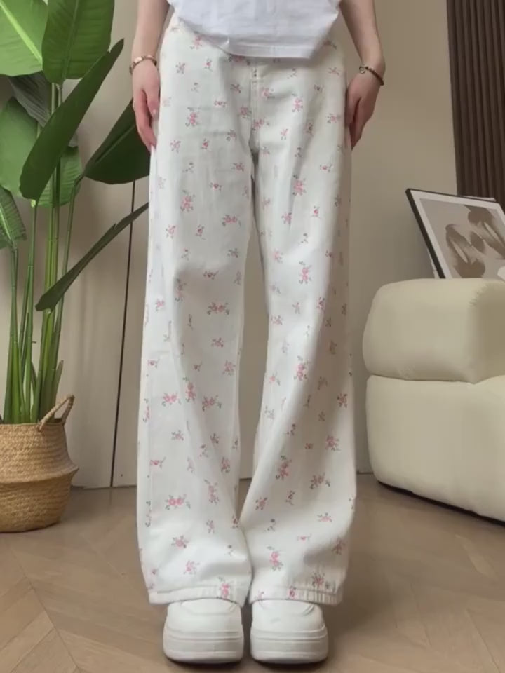 White Floral Straight Jeans for Women